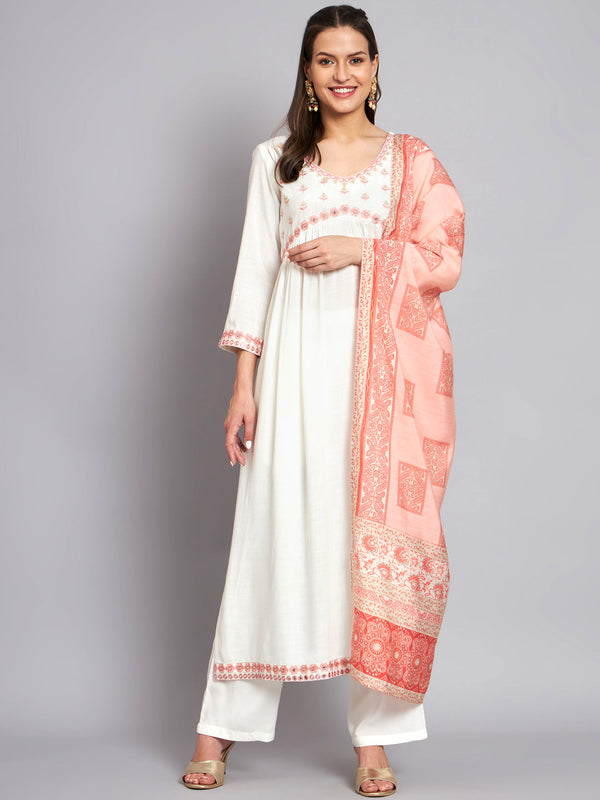 Women's Rayon White Alia Cut A-Line Kurta with Dupatta Set