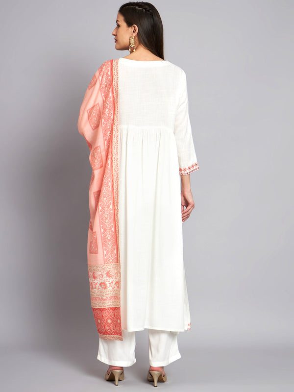 Women's Rayon White Alia Cut A-Line Kurta with Dupatta Set