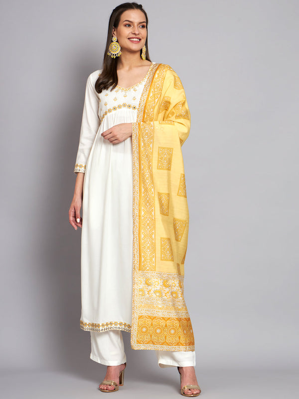 Women's Rayon White Alia Cut A-Line Kurta with Dupatta Set