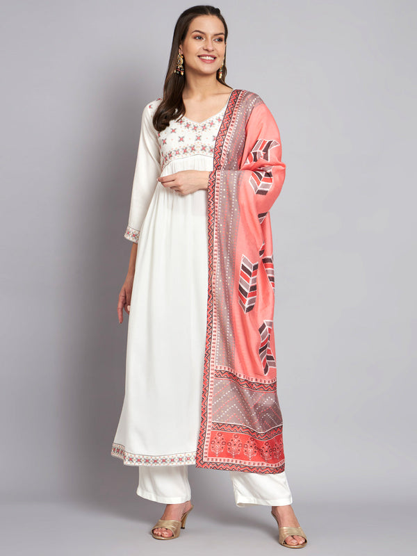 Women's Rayon White Alia Cut A-Line Kurta with Dupatta Set