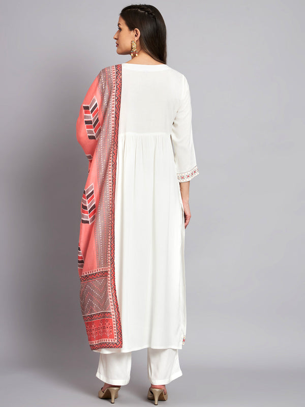 Women's Rayon White Alia Cut A-Line Kurta with Dupatta Set