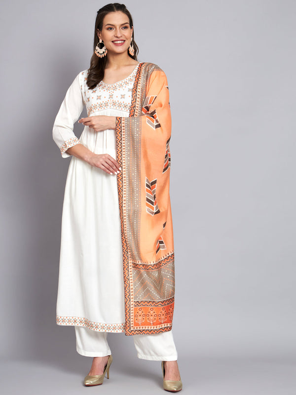 Women's Rayon White Alia Cut A-Line Kurta with Dupatta Set