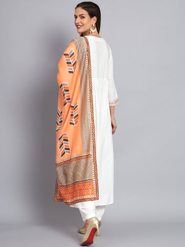 Women's Rayon White Alia Cut A-Line Kurta with Dupatta Set