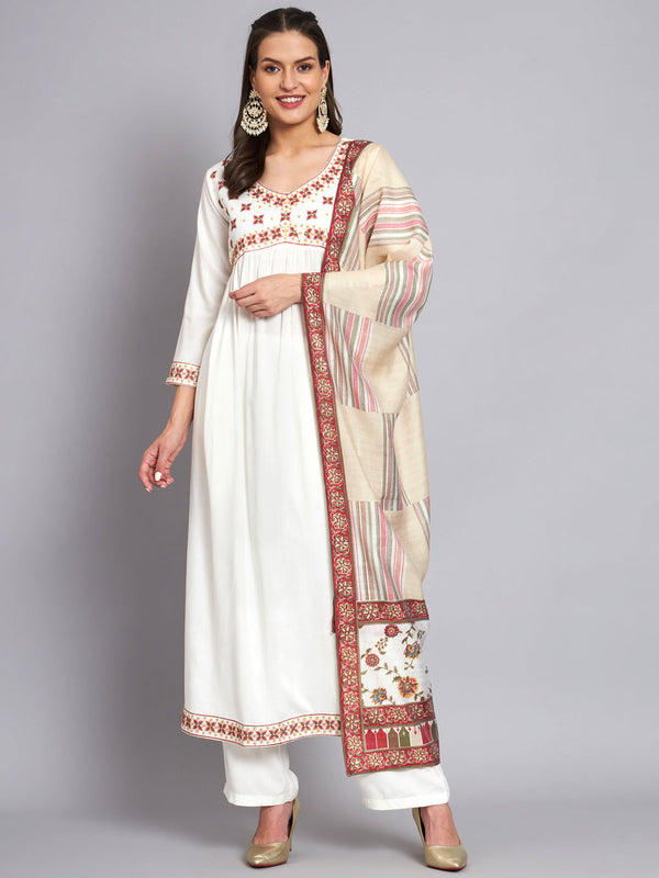 Women's Rayon White Alia Cut A-Line Kurta with Dupatta Set