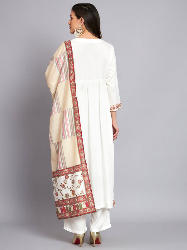 Women's Rayon White Alia Cut A-Line Kurta with Dupatta Set