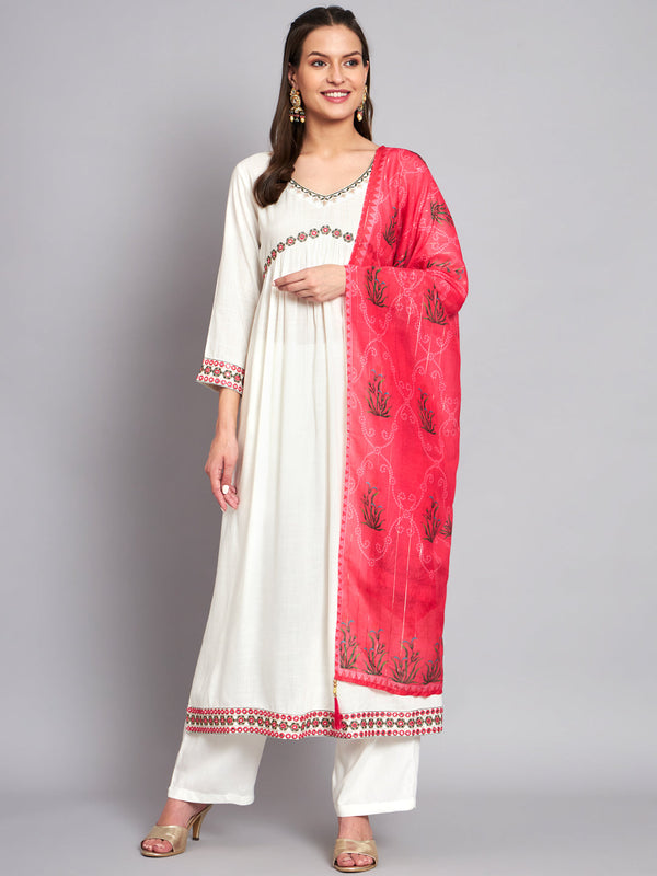 Women's Rayon White Alia Cut A-Line Kurta with Dupatta Set
