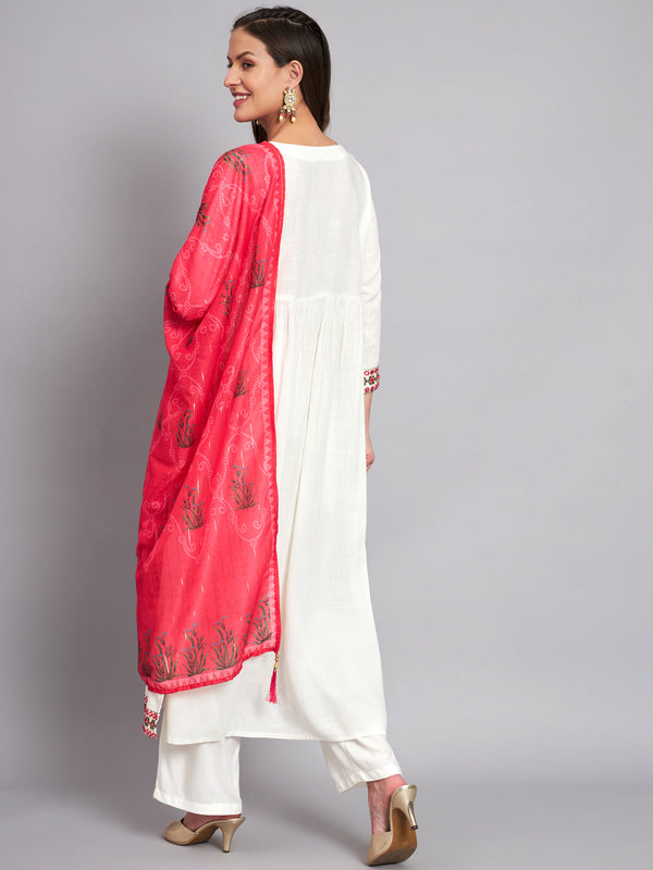 Women's Rayon White Alia Cut A-Line Kurta with Dupatta Set