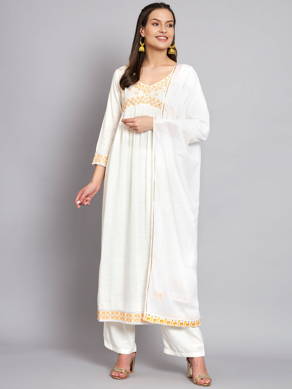 Women's Rayon White Alia Cut A-Line Kurta with Dupatta Set