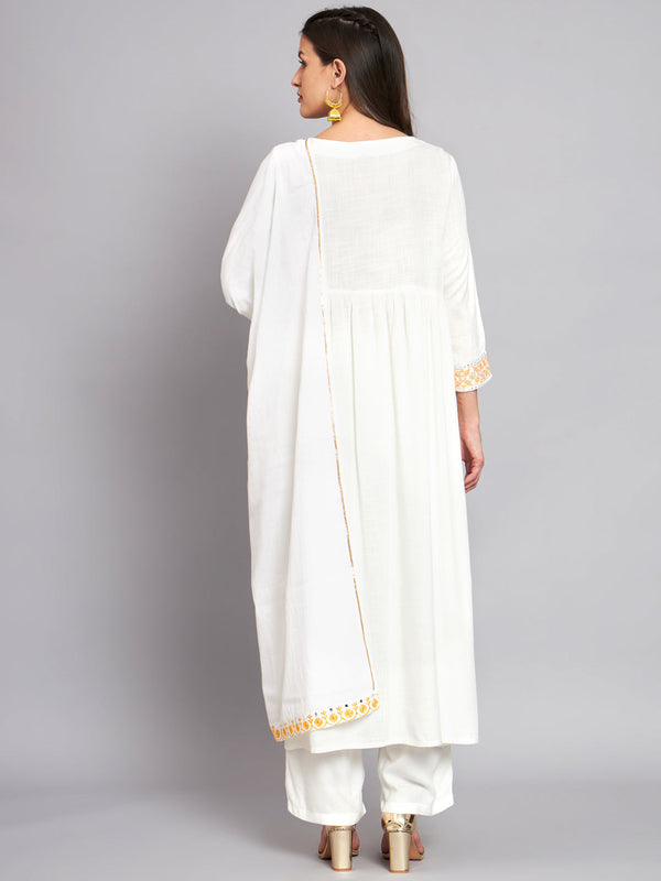 Women's Rayon White Alia Cut A-Line Kurta with Dupatta Set