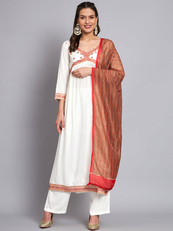 Women's Rayon White Alia Cut A-Line Kurta with Dupatta Set