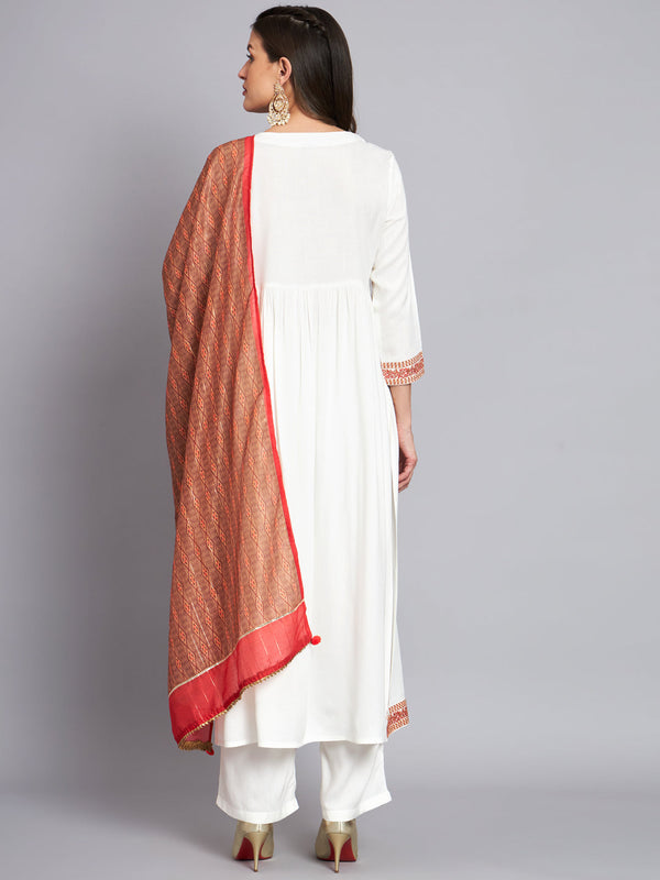 Women's Rayon White Alia Cut A-Line Kurta with Dupatta Set