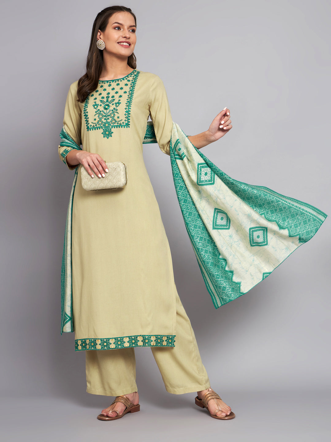 Women's Rayon Cream Straight Kurta Palazzo with Dupatta Set