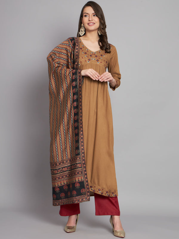 Women's Rayon Brown Alia Cut A-Line Kurta and Dupatta Set