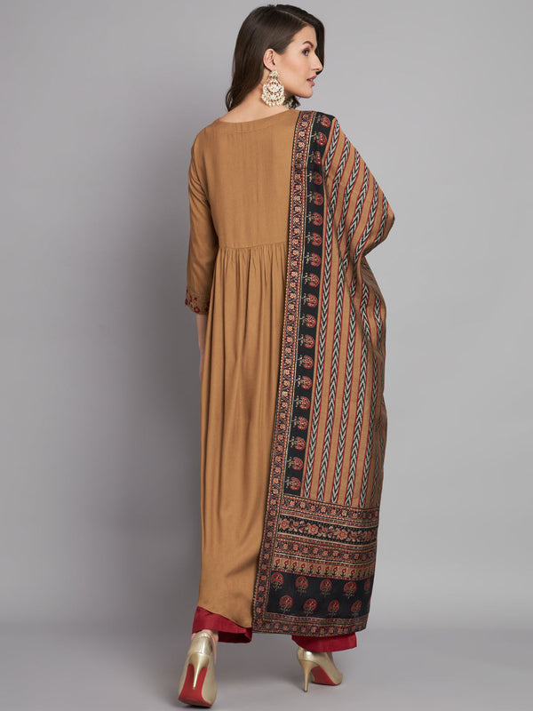 Women's Rayon Brown Alia Cut A-Line Kurta and Dupatta Set