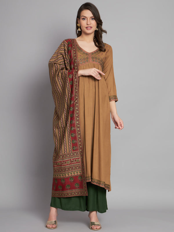 Women's Rayon Brown Alia Cut A-Line Kurta and Dupatta Set