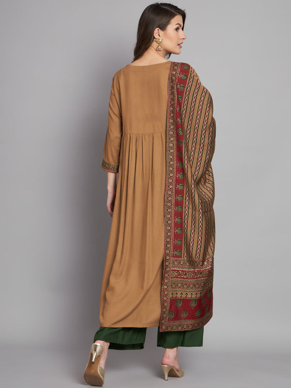 Women's Rayon Brown Alia Cut A-Line Kurta and Dupatta Set