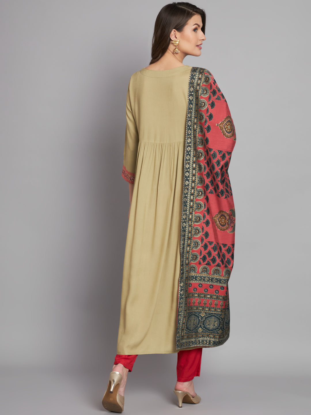 Women's Rayon Beige Alia Cut A-Line Kurta and Dupatta Set