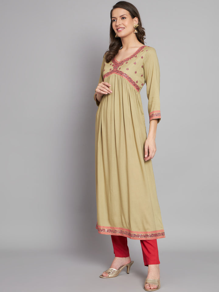 Women's Rayon Beige Alia Cut A-Line Kurta and Dupatta Set