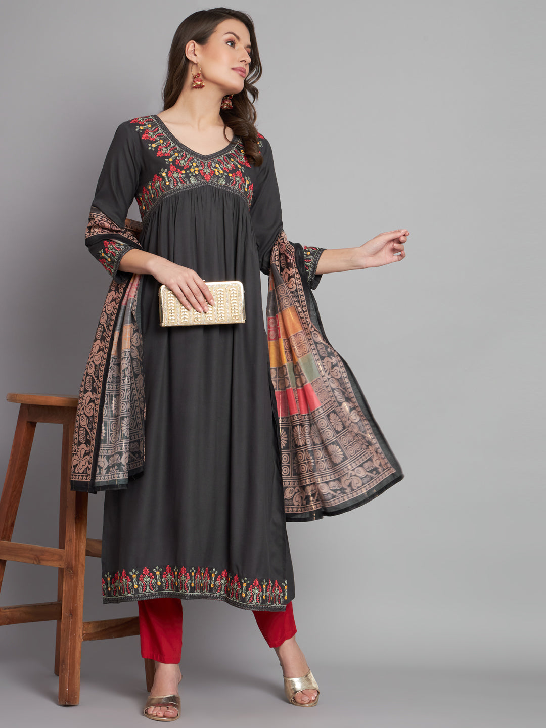 Women's Rayon Grey Alia Cut A-Line Kurta and Dupatta Set