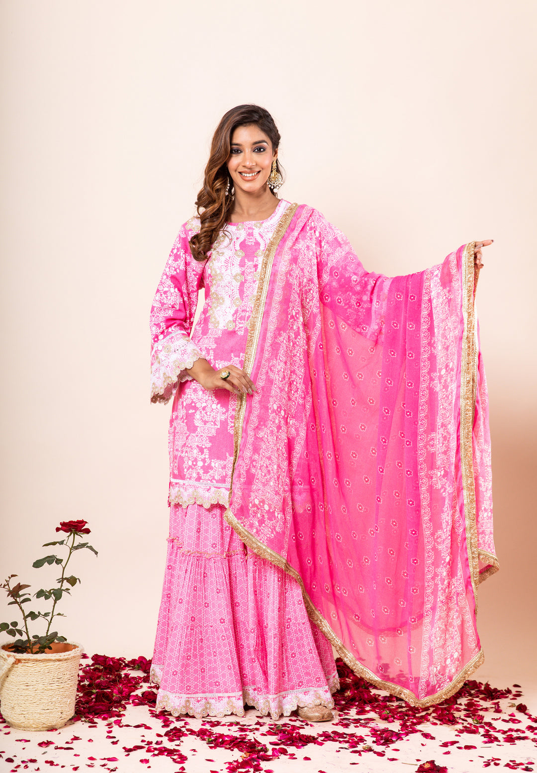 Womens Rayon Pink Straight Kurta Sharara and Dupatta With Fancy Potli Set