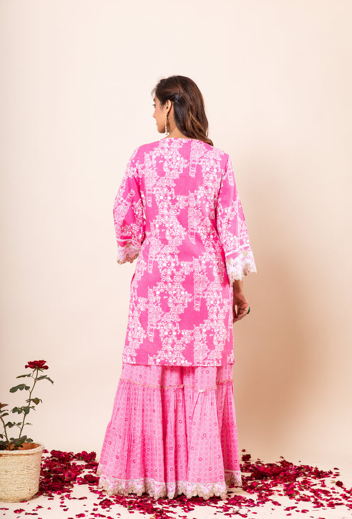 Womens Rayon Pink Straight Kurta Sharara and Dupatta With Fancy Potli Set
