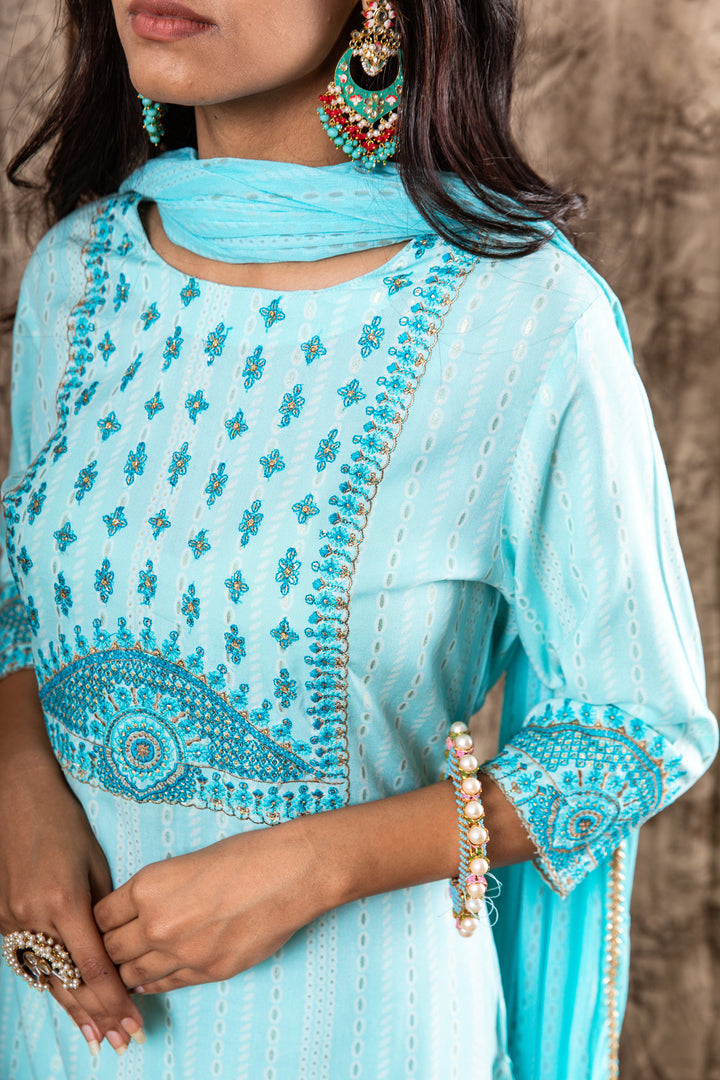 Womens Rayon Turquoise Straight Kurta Sharara and Dupatta Set