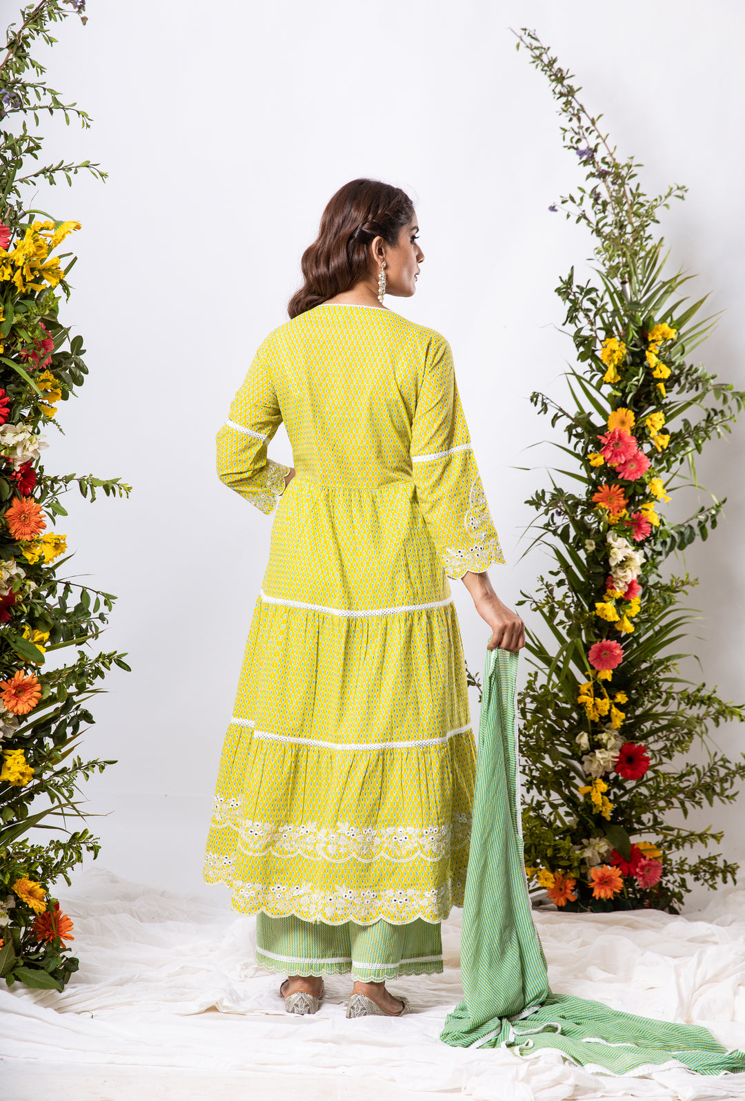 Womens Cotton Lemon Green Tiered Kurta Palazzo and Dupatta Set