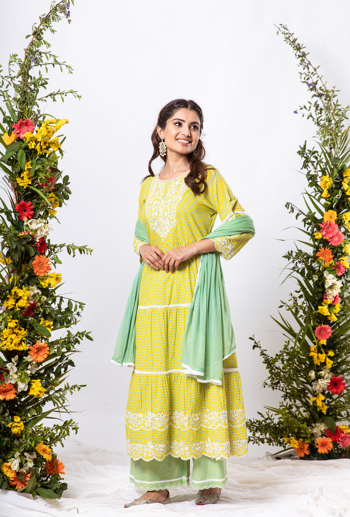 Womens Cotton Lemon Green Tiered Kurta Palazzo and Dupatta Set