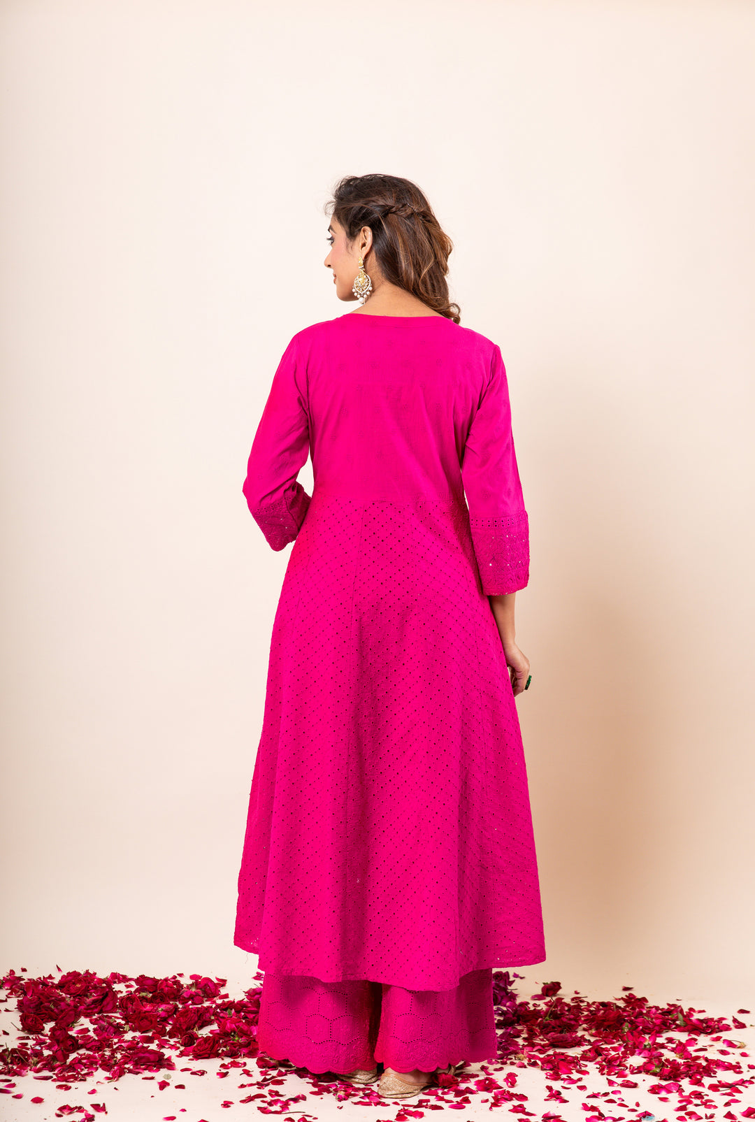 Womens Cotton Pink A-Line Kurta Palazzo and Dupatta Set