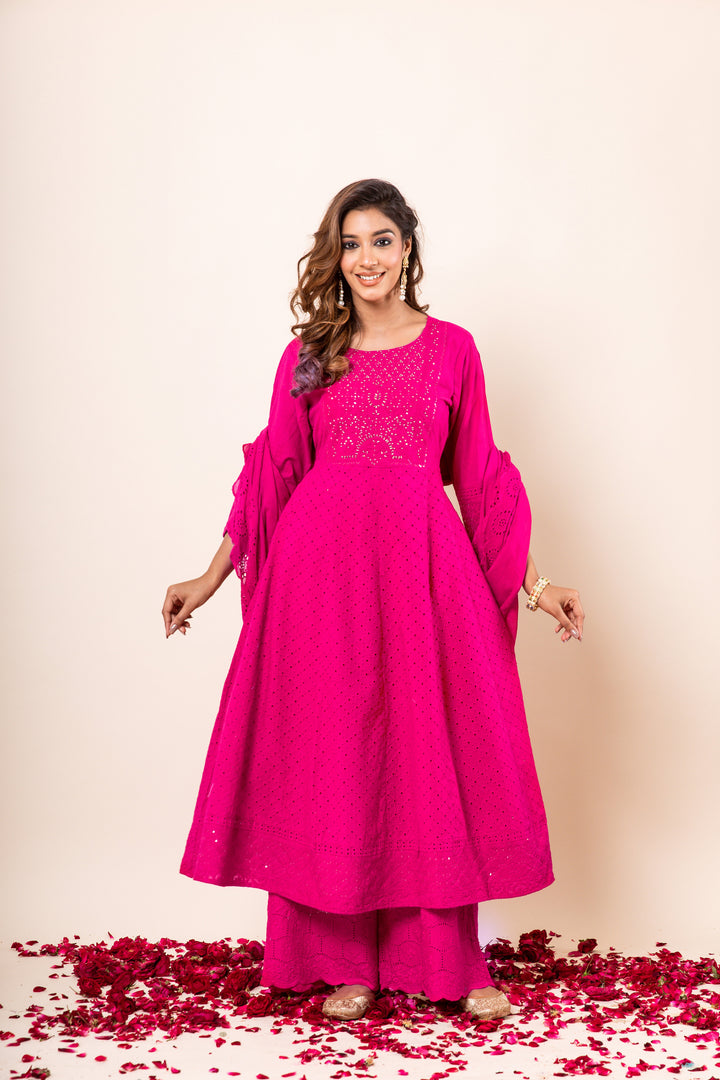 Womens Cotton Pink A-Line Kurta Palazzo and Dupatta Set