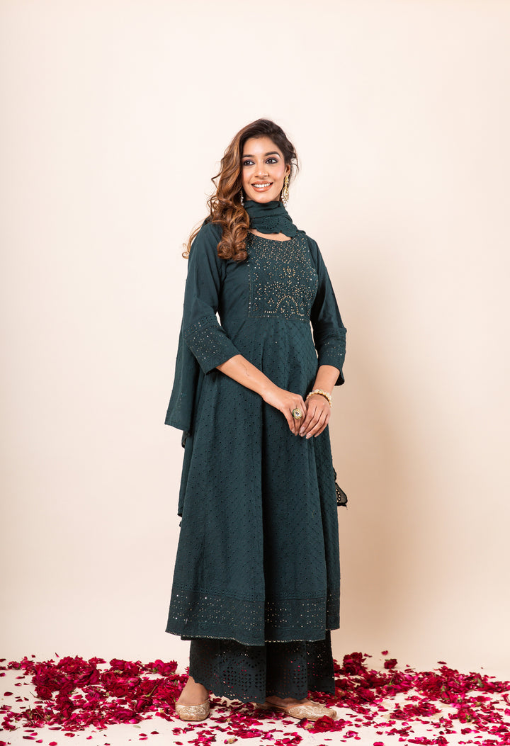 Womens Cotton Rama Green A-Line Kurta Palazzo and Dupatta Set