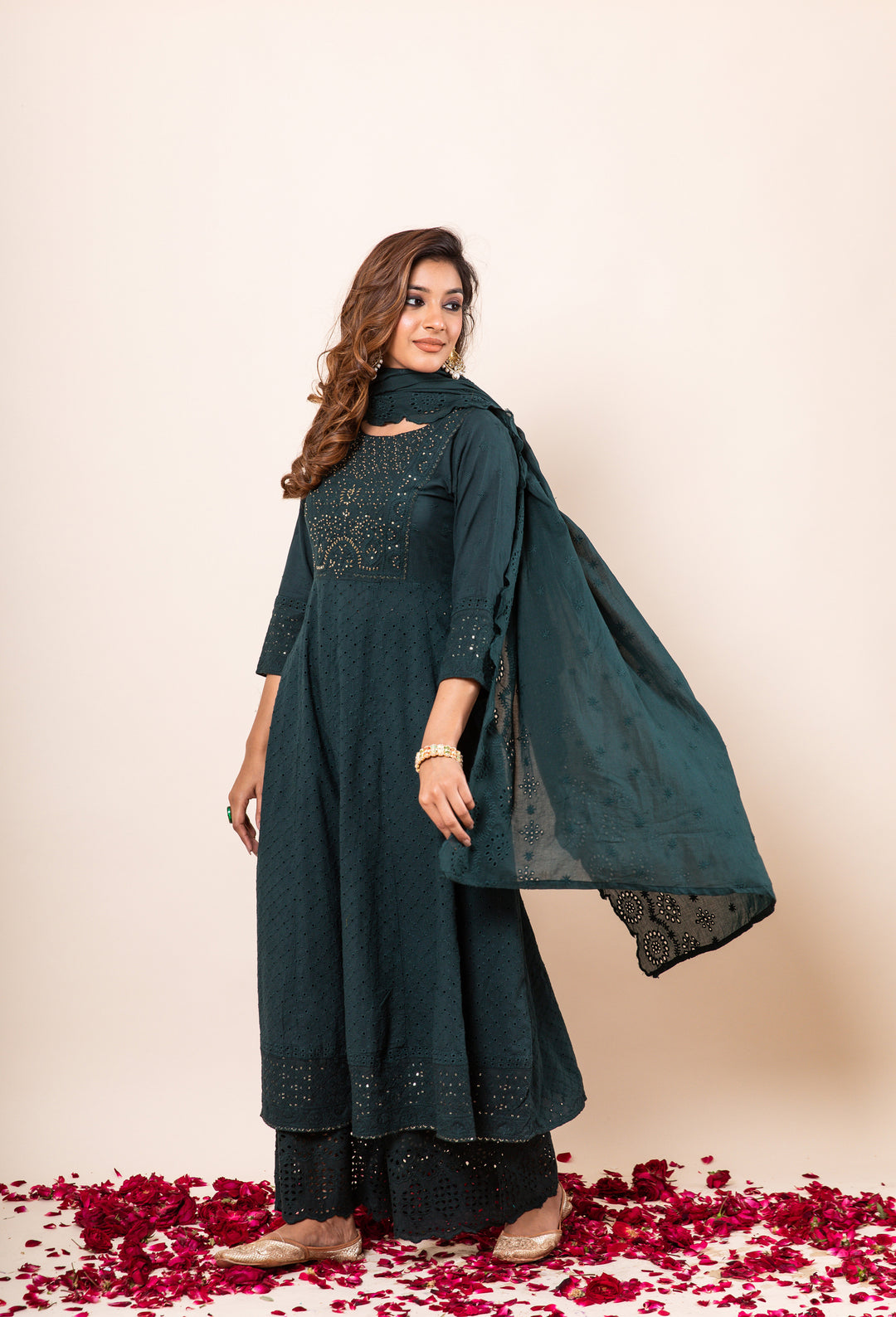 Womens Cotton Rama Green A-Line Kurta Palazzo and Dupatta Set