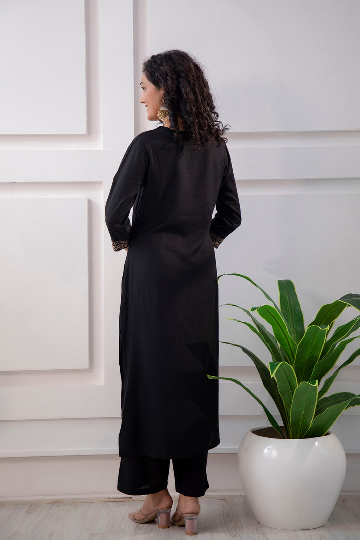 Women's Rayon Black Straight Kurta Palazzo and Dupatta Set