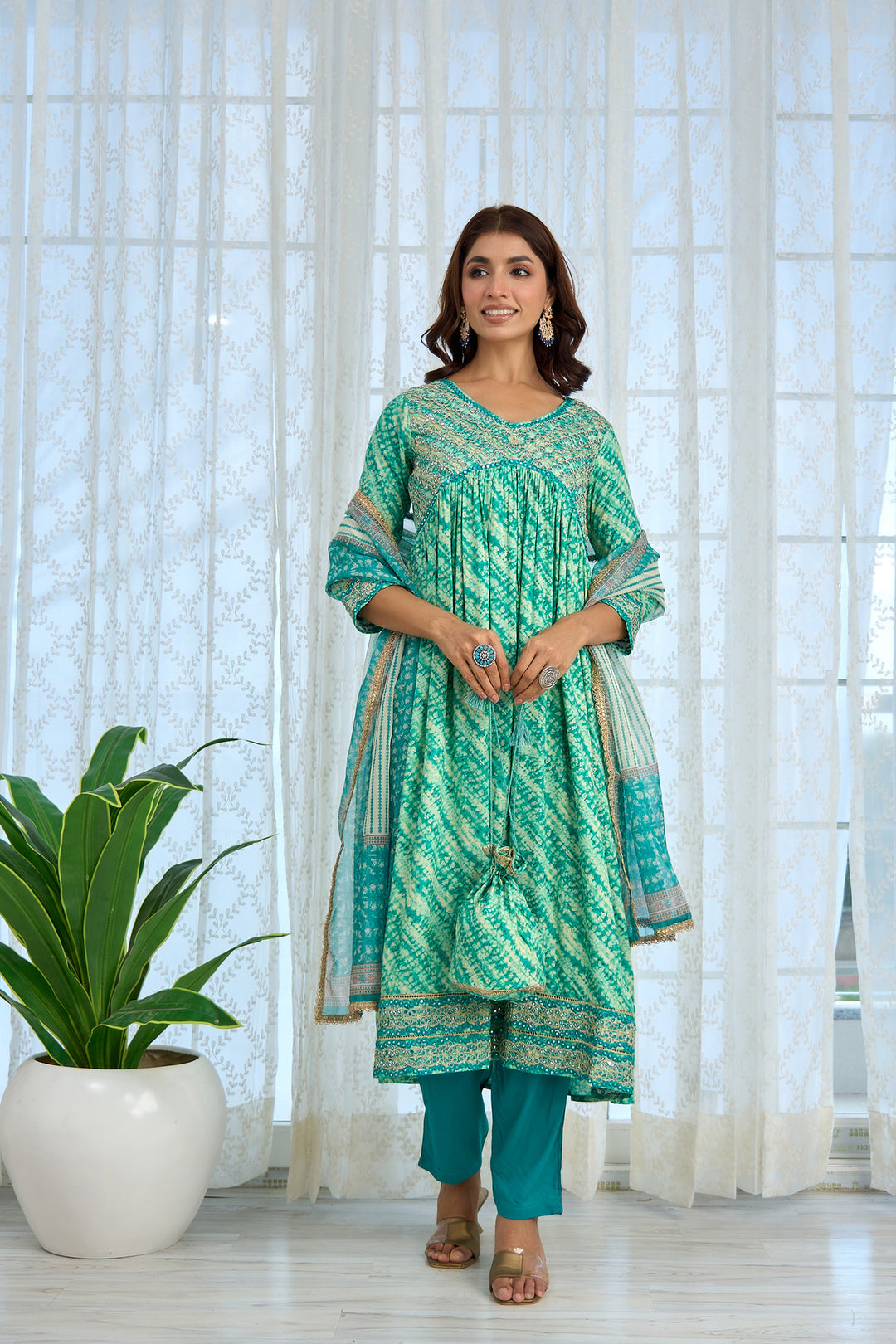 Womens Rayon Turquoise Alia Cut A-Line Kurta Pant and Dupatta With Fancy Potli Set