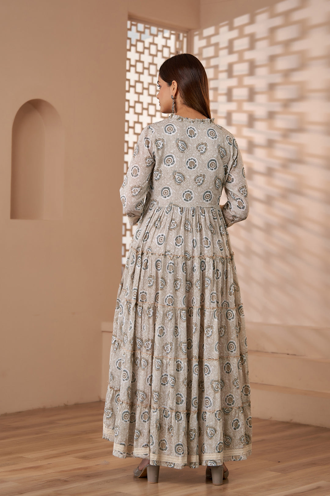 Womens Cotton Mal Grey Tiered Anarkali Gown