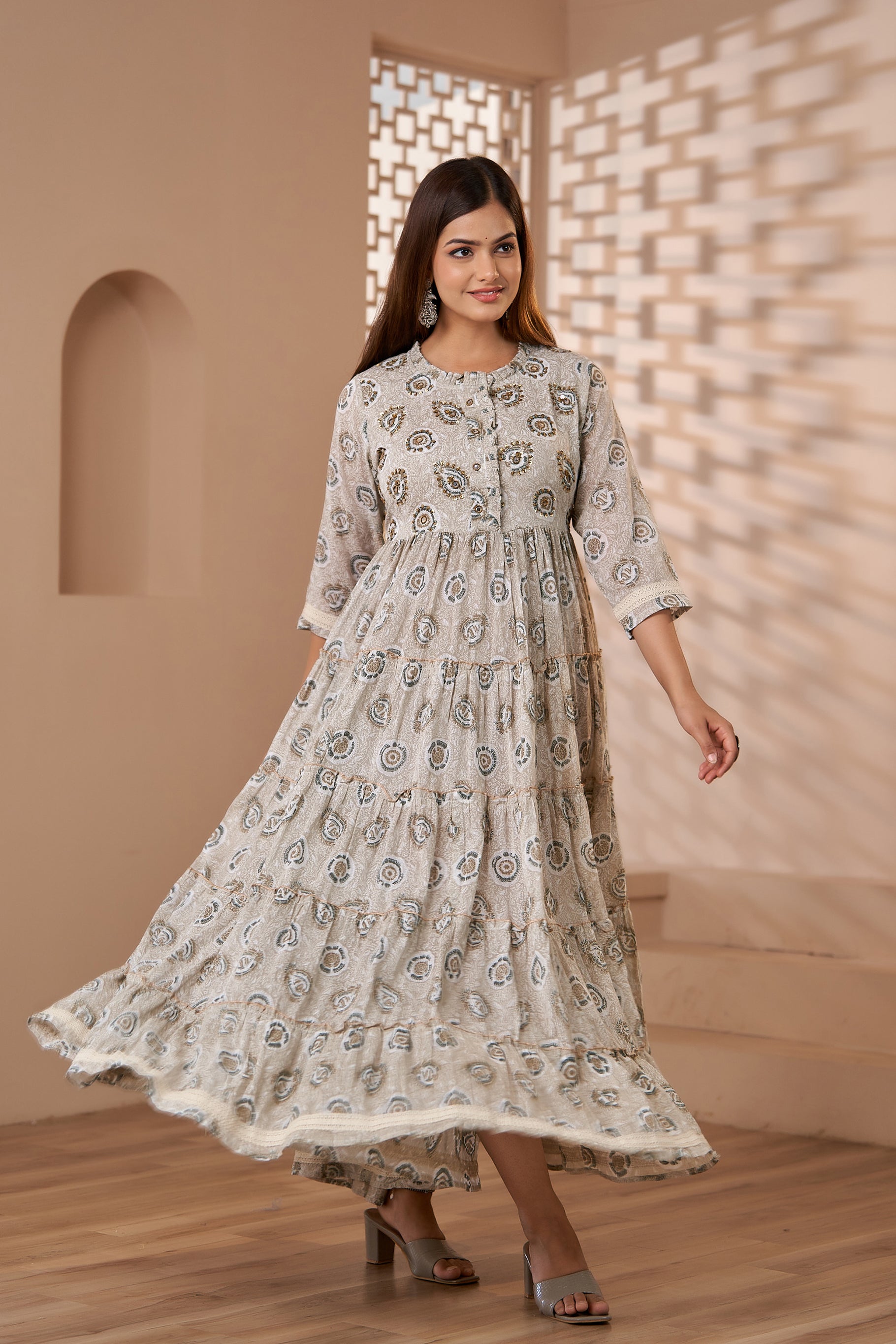 Beige Color Party Wear Net Semi Stitched Anarkali Gown Dress with Maro –  fashionnaari