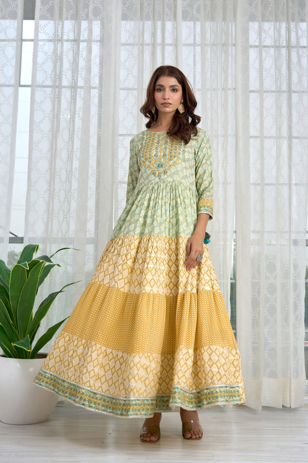 Womens Rayon Green and Yellow Tiered Anarkali Gown