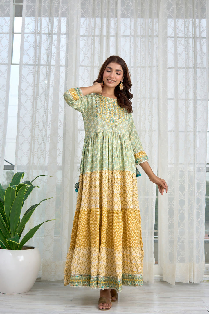 Womens Rayon Green and Yellow Tiered Anarkali Gown