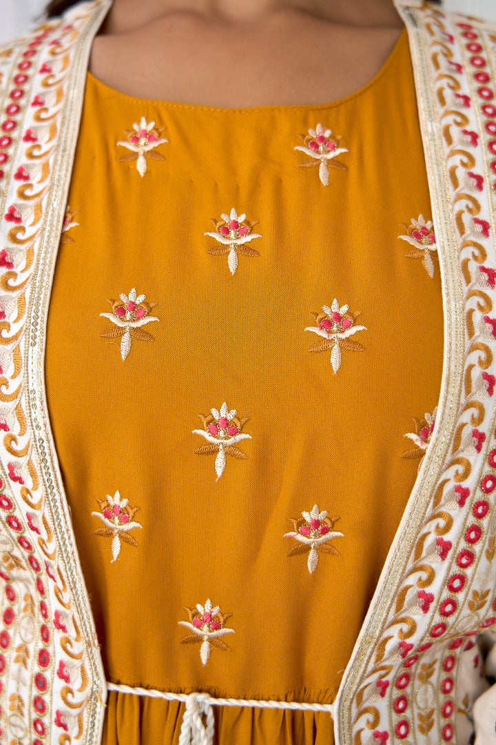 Womens Rayon Cream and Mustard A-line Ethnic Jacket and Kurta Set