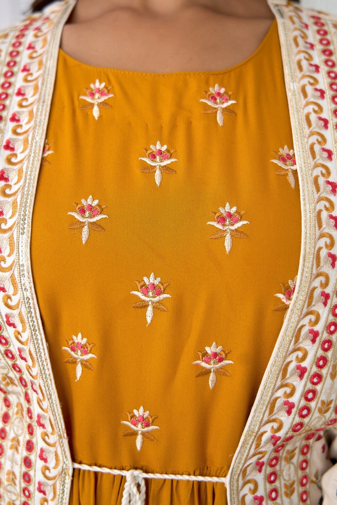 Womens Rayon Cream and Mustard A-line Ethnic Jacket and Kurta Set
