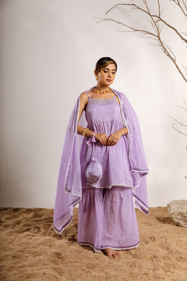 Womens Cotton Purple A-line Kurta Sharara and Dupatta With Fancy Potli Set