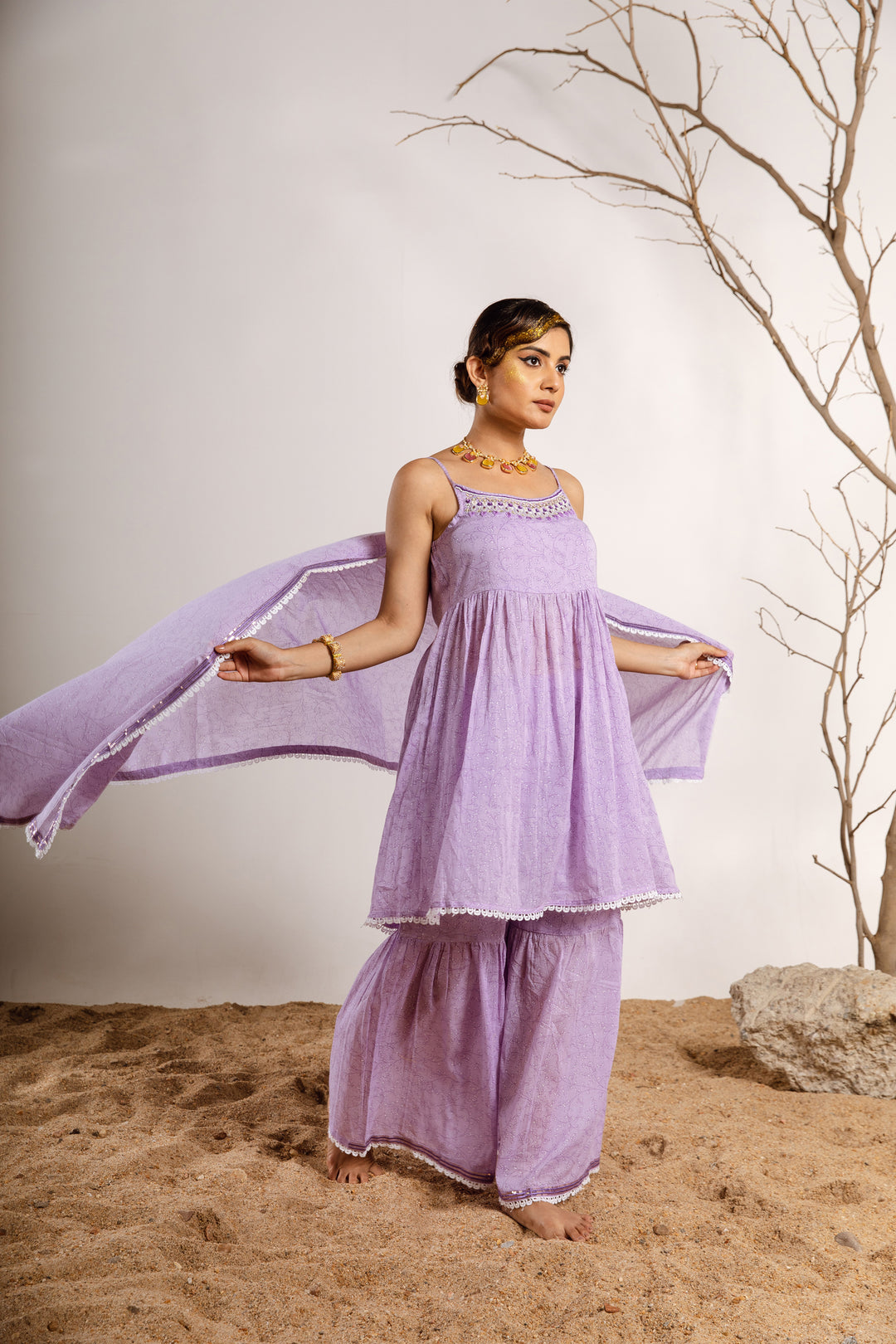 Womens Cotton Purple A-line Kurta Sharara and Dupatta With Fancy Potli Set