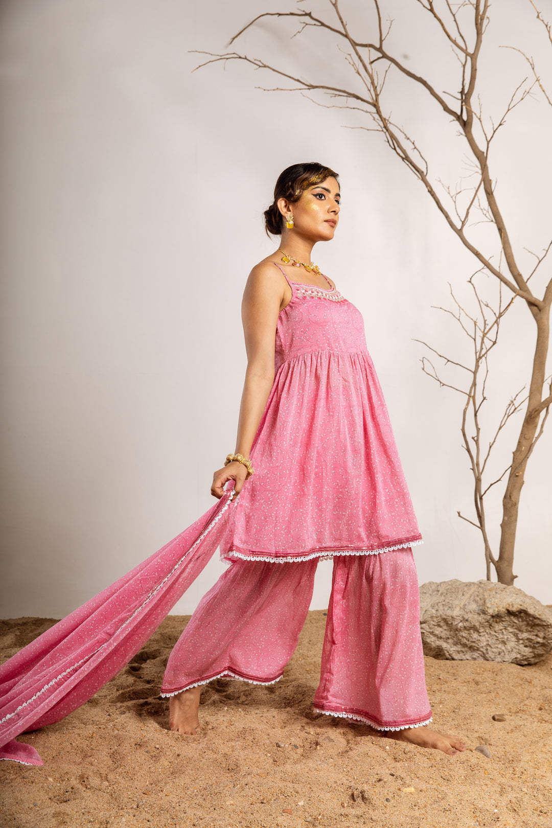 Womens Cotton Pink A-line Kurta Sharara and Dupatta With Fancy Potli Set