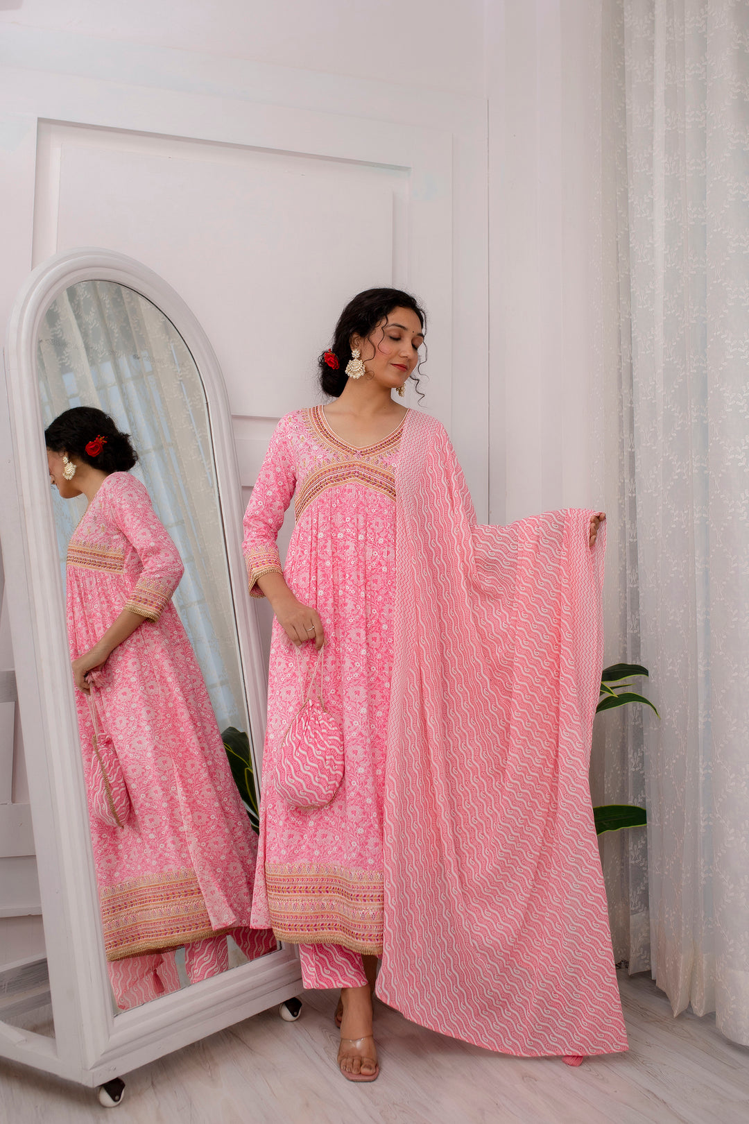Womens Rayon Pink Alia Cut A-line Kurta Pant and Dupatta With Fancy Potli Set