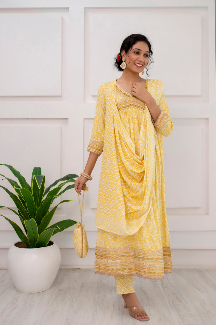 Womens Rayon Yellow Alia Cut A-line Kurta Pant and Dupatta With Fancy Potli Set