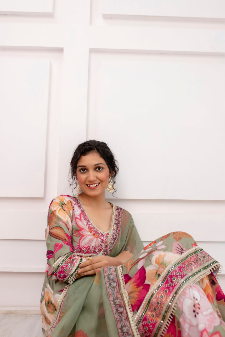 Women's Multicolor Muslin Alia Cut A-line Kurta Sharara and Dupatta With Fancy Potli Set