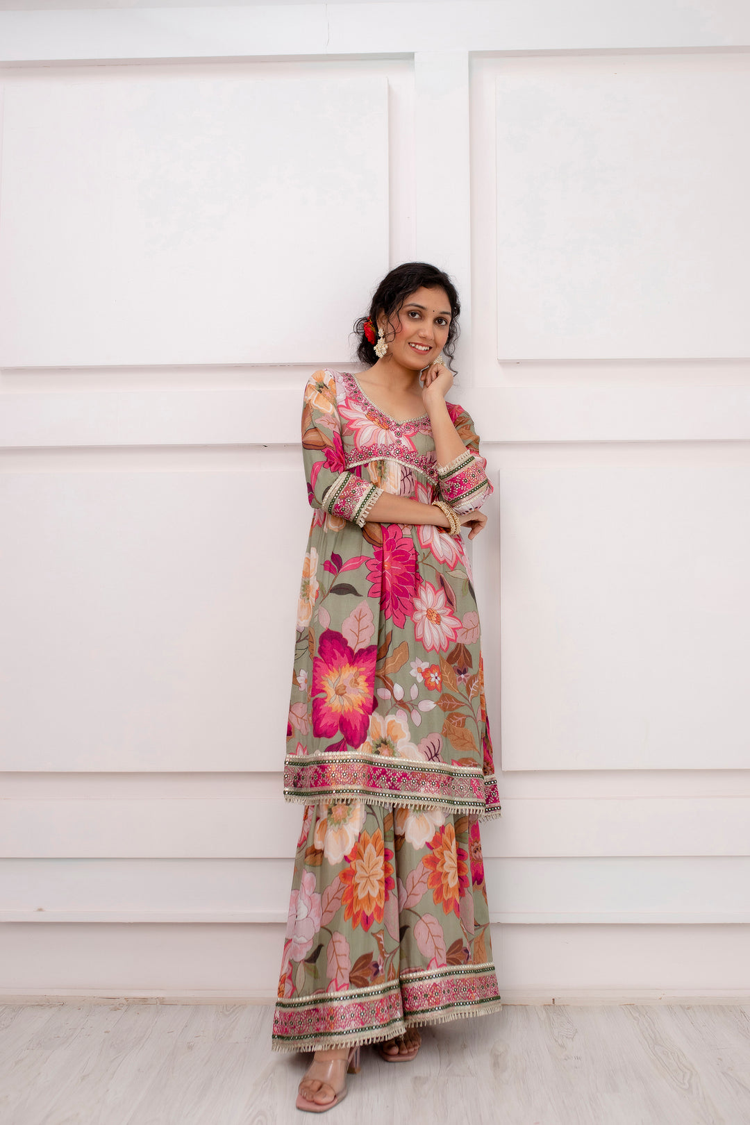 Women's Multicolor Muslin Alia Cut A-line Kurta Sharara and Dupatta With Fancy Potli Set