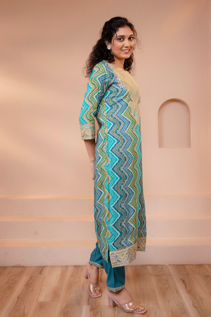 Women's Turquoise Rayon Foil Straight Kurta Pant and Dupatta With Fancy Potli Set