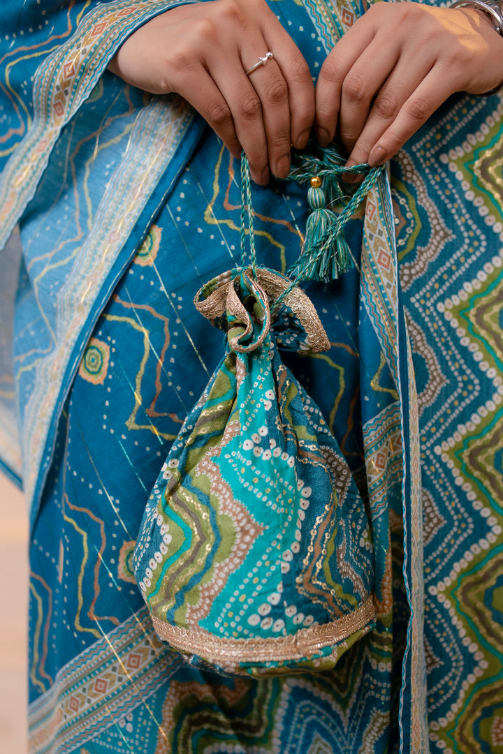 Women's Turquoise Rayon Foil Straight Kurta Pant and Dupatta With Fancy Potli Set