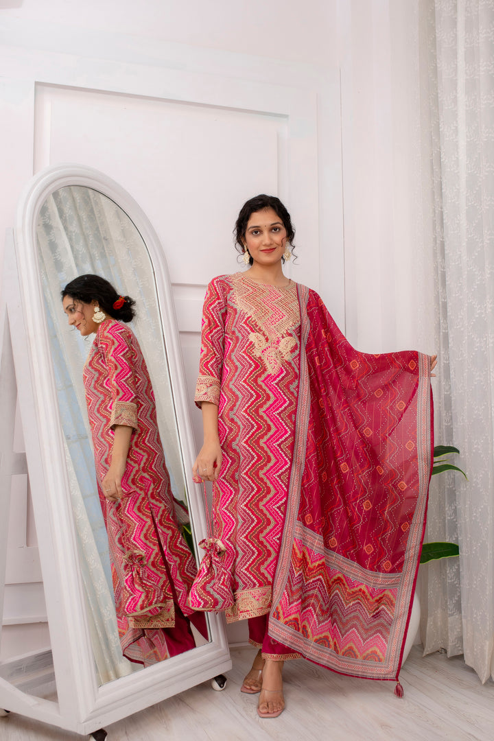 Women's Pink Rayon Foil Straight Kurta Pant and Dupatta With Fancy Potli Set